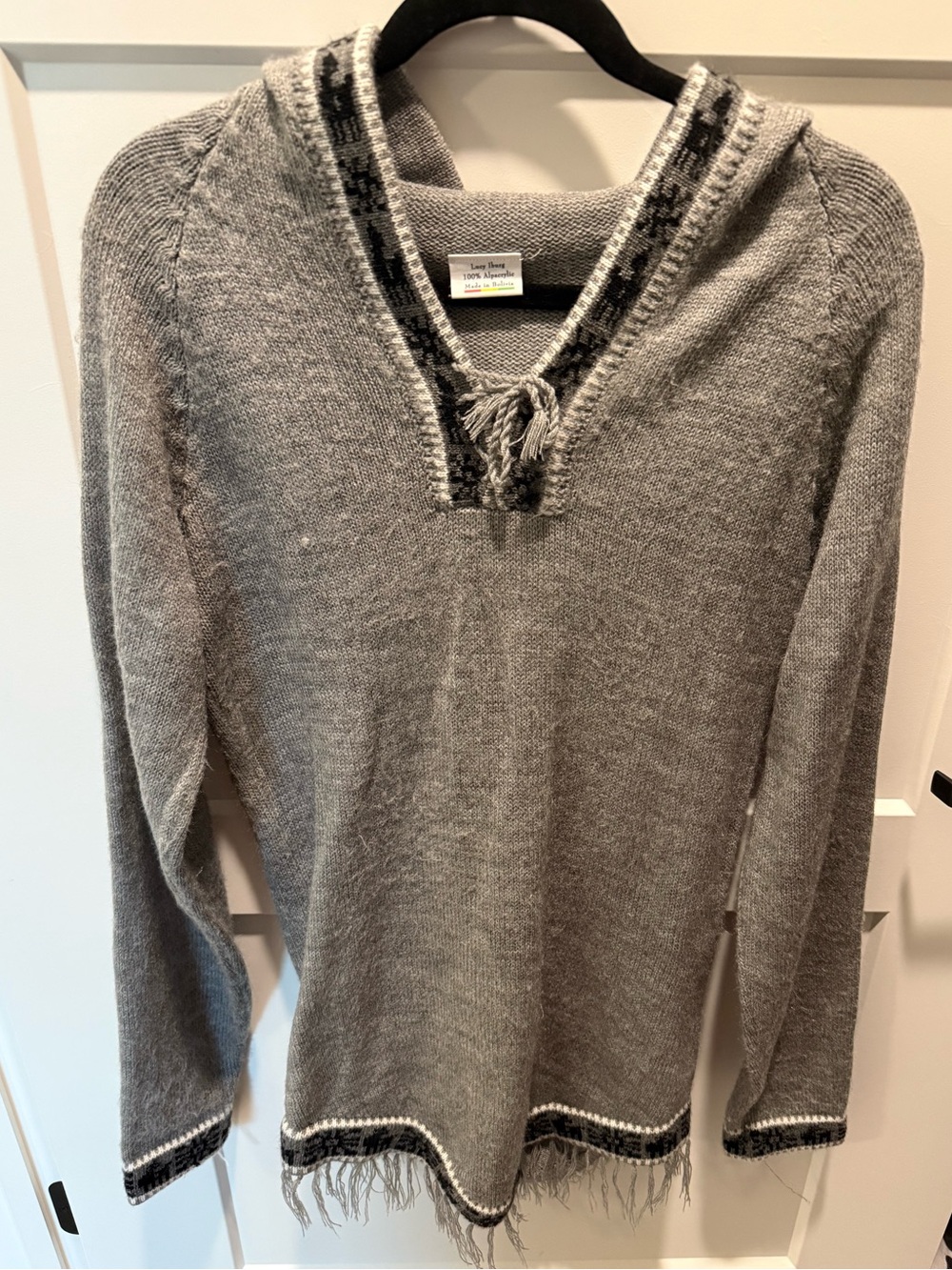 Lucy Iburg Alpacrylic Hooded Sweater Poncho Gray Bolivian Knit Fringe Hem